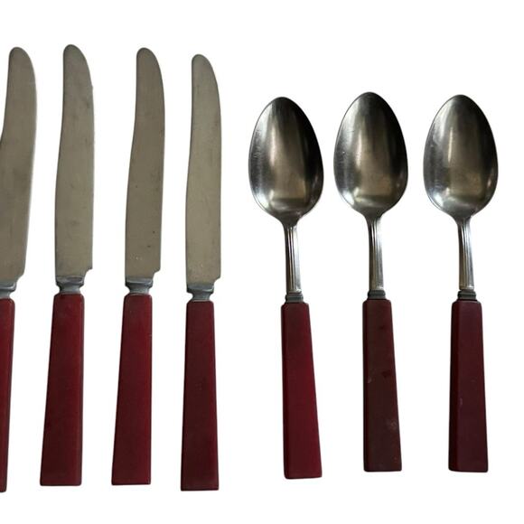 VTG Bakelite Red Handled Flatware Knives Spoons Kitchen Stainless Steel READ - Picture 4 of 11